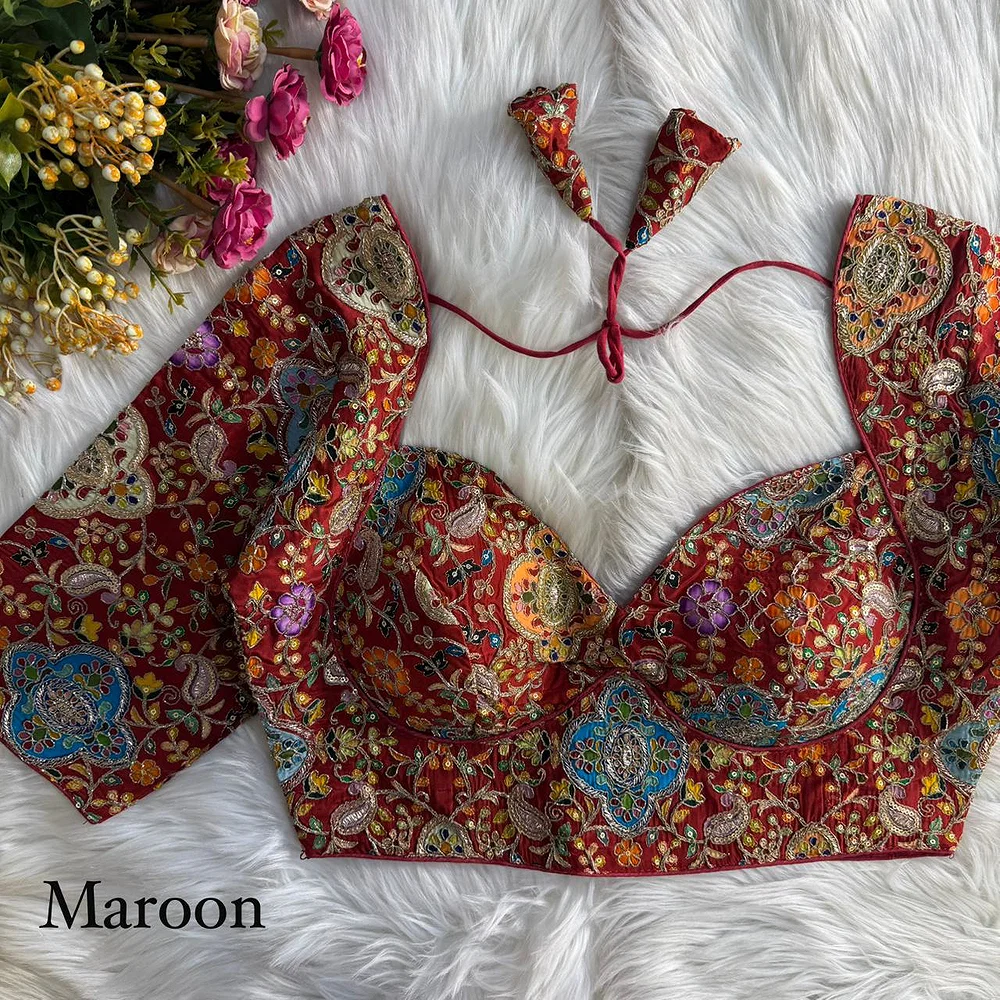 Maroon Kolkatta Style Position Print WIth Codding Work Partywear Blouse — view 1