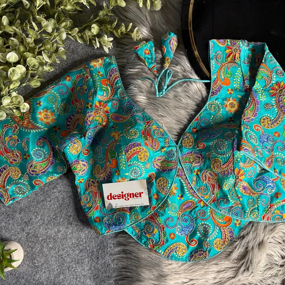 Firozi Pure Crepe Silk Position Work Readymade Designer Blouse — view 1