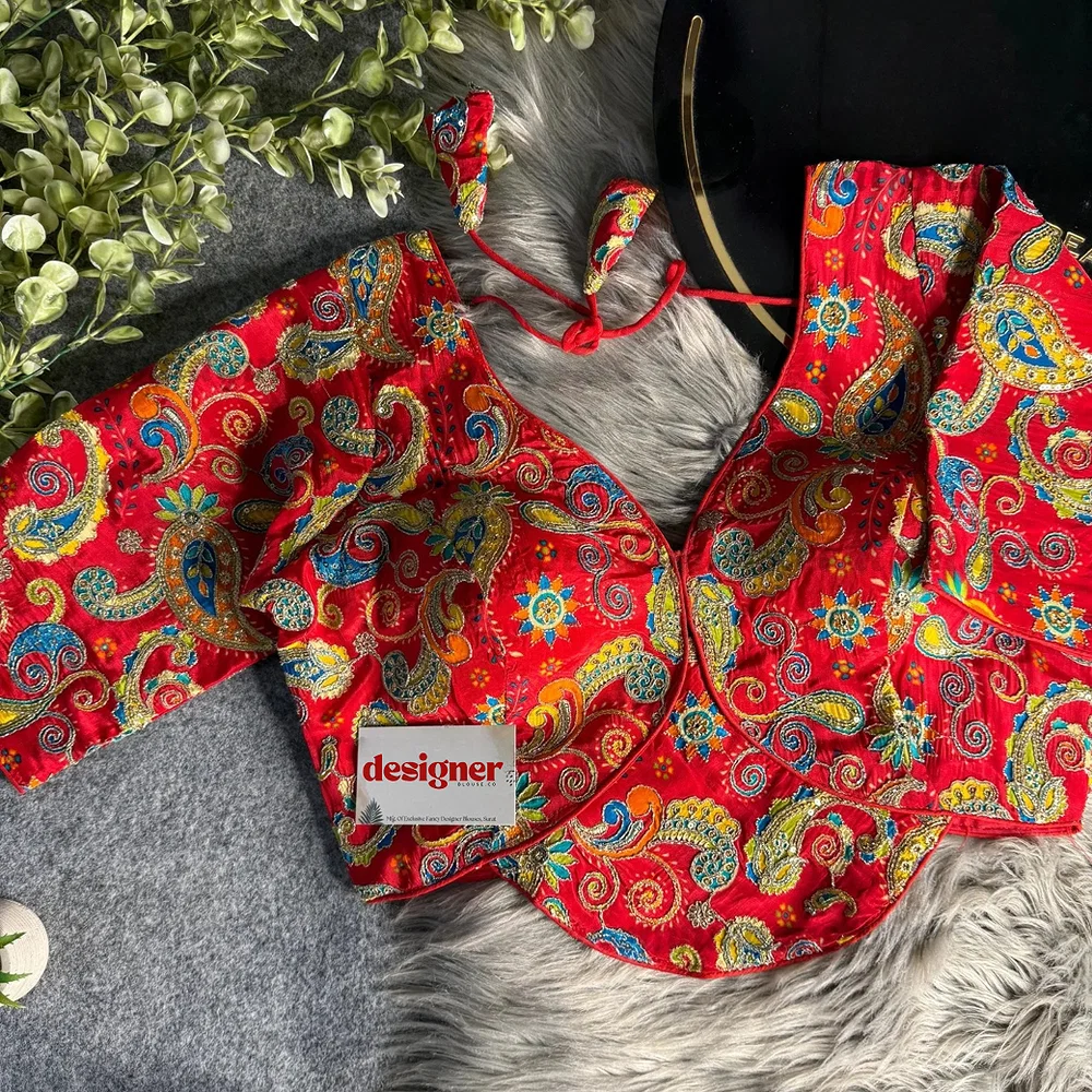 Red Pure Crepe Silk Position Work Readymade Designer Blouse — view 1