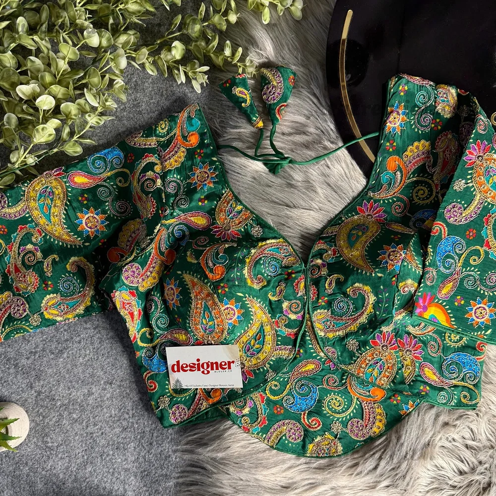 Green Pure Crepe Silk Position Work Readymade Designer Blouse — view 1