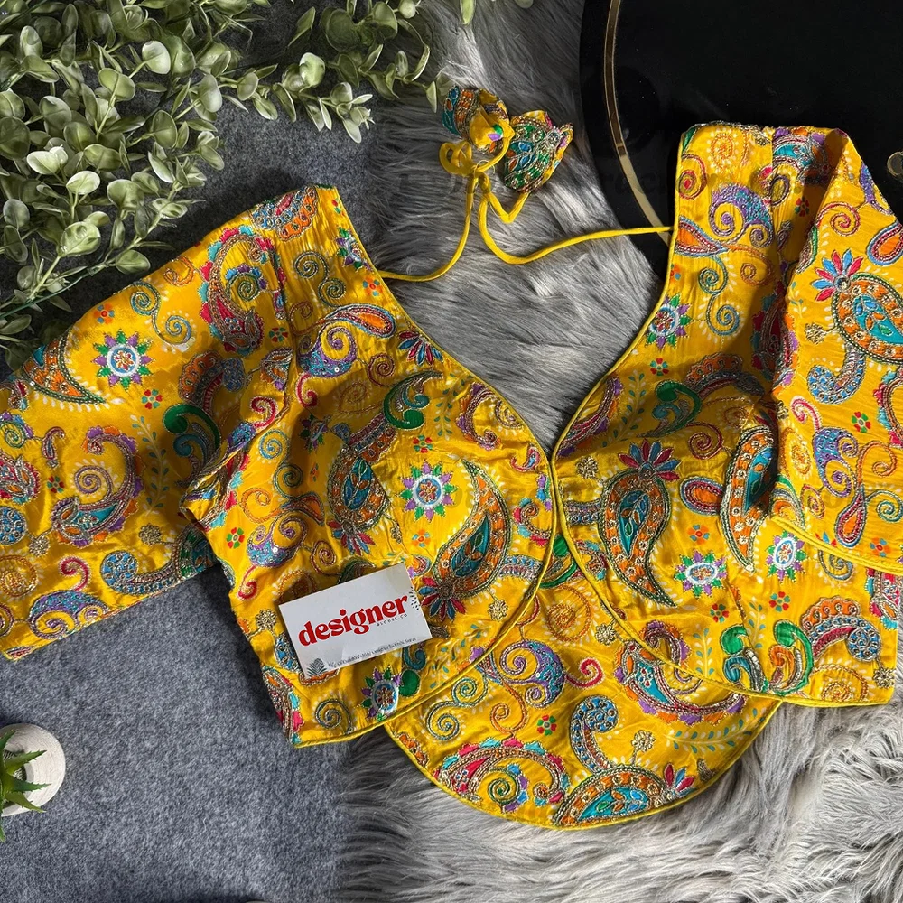 Yellow Pure Crepe Silk Position Work Readymade Designer Blouse — view 1
