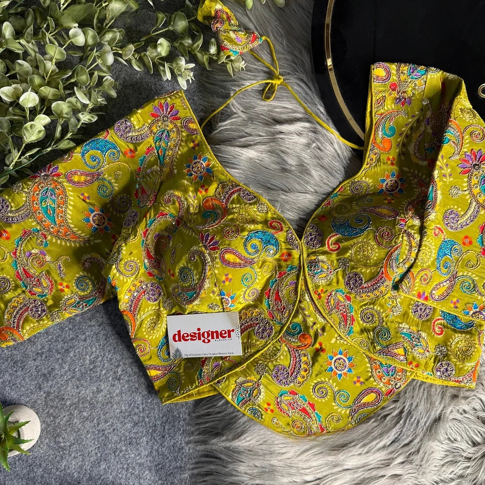 Lemon Yellow Pure Crepe Silk Position Work Readymade Designer Blouse — view 1