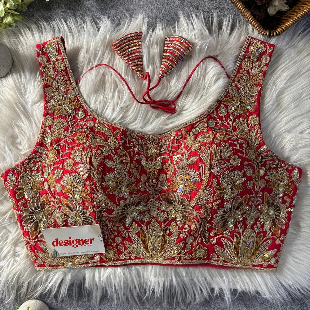 Red Heavy Coding n Sequin Work Readymade Designer Blouse — view 1