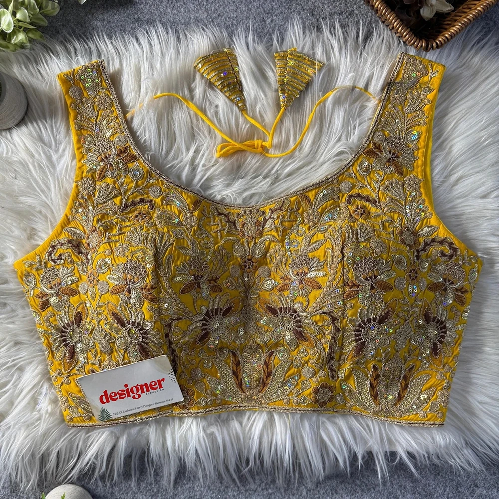 Yellow Heavy Coding n Sequin Work Readymade Designer Blouse — view 1