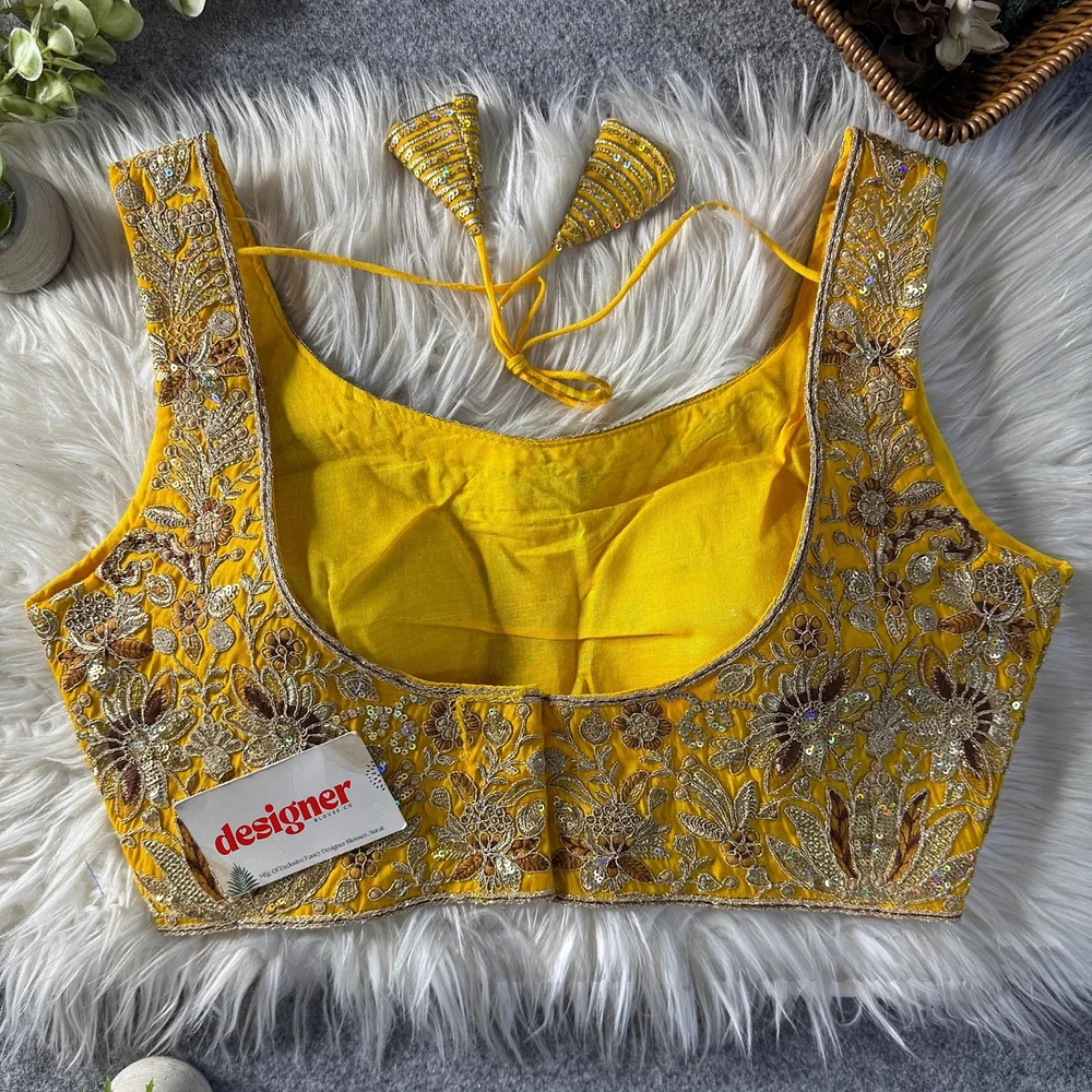 Yellow Heavy Coding n Sequin Work Readymade Designer Blouse — view 2
