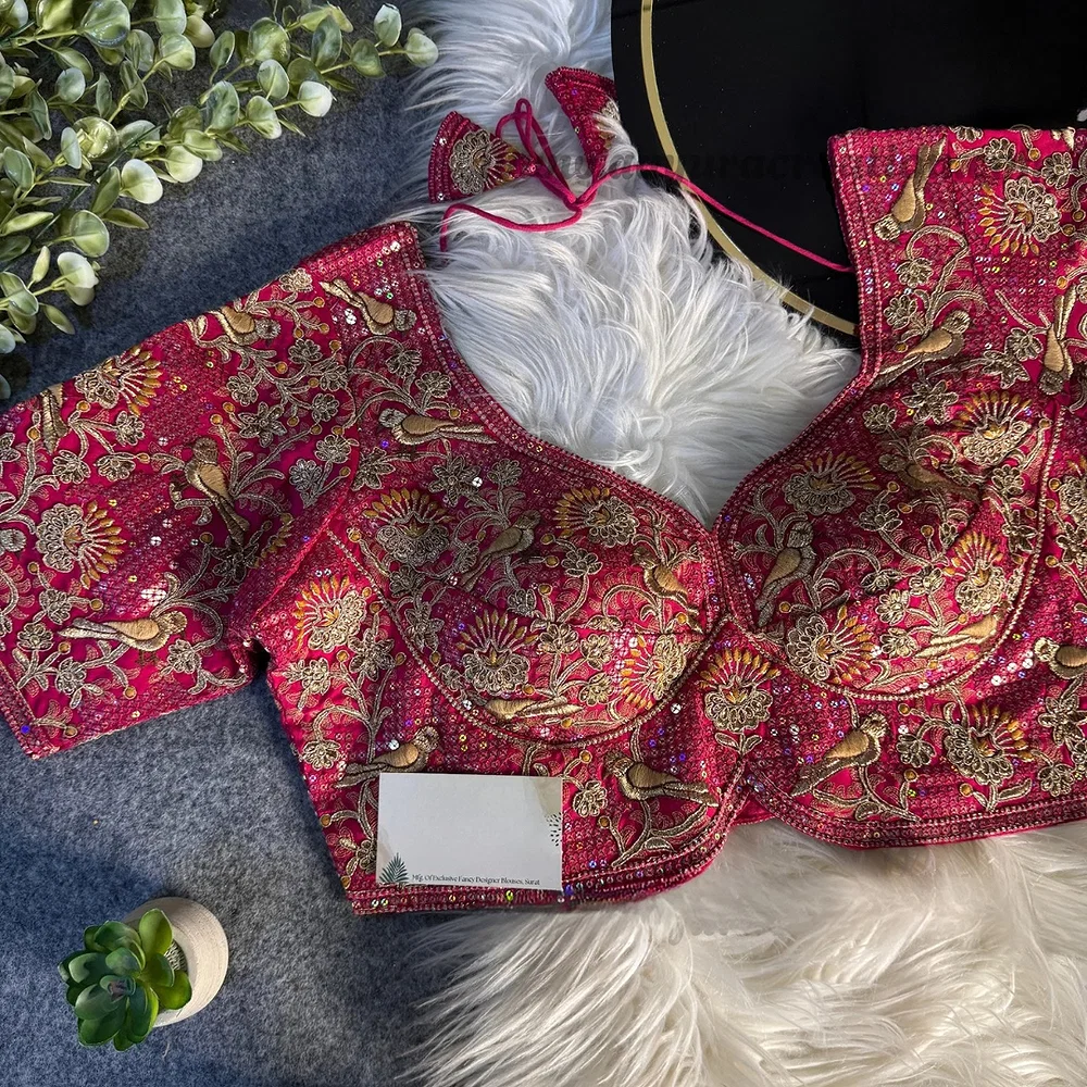 Rani Italian Silk Sabyasachi-Neck Designer Blouse For Wedding — view 1