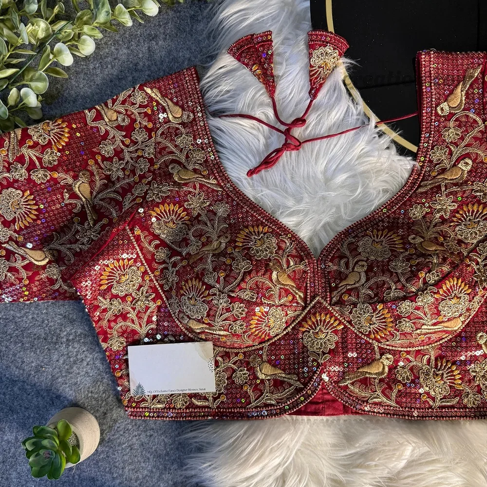 Maroon Italian Silk Sabyasachi-Neck Designer Blouse For Wedding — view 1