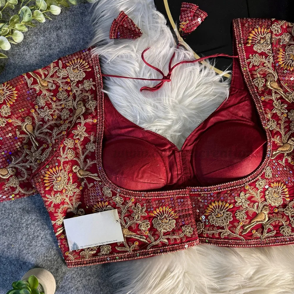 Maroon Italian Silk Sabyasachi-Neck Designer Blouse For Wedding — view 3