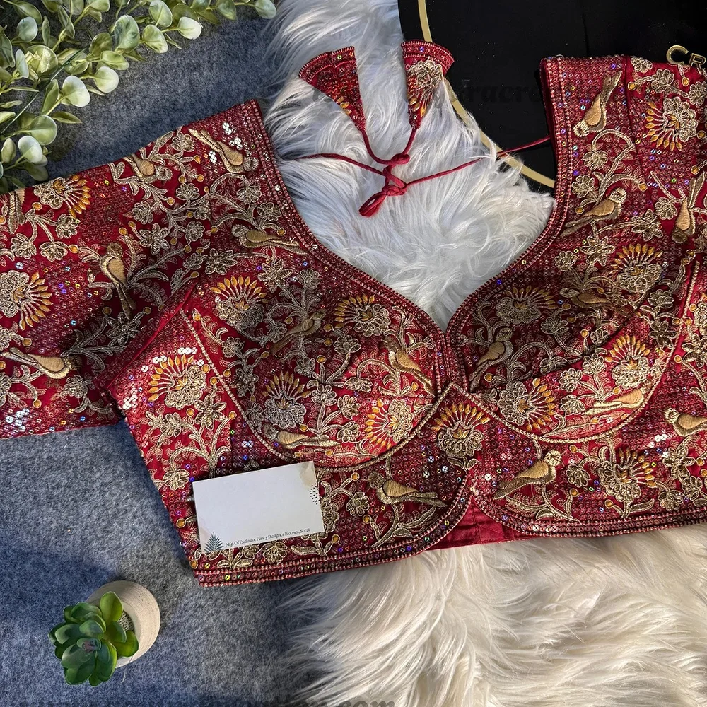 Maroon Italian Silk Sabyasachi-Neck Designer Blouse For Wedding — view 2