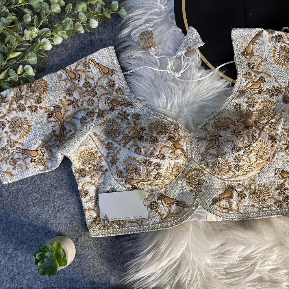 White Italian Silk Sabyasachi-Neck Designer Blouse For Wedding — view 1
