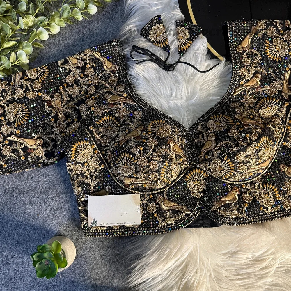 Black Italian Silk Sabyasachi-Neck Designer Blouse For Wedding — view 1