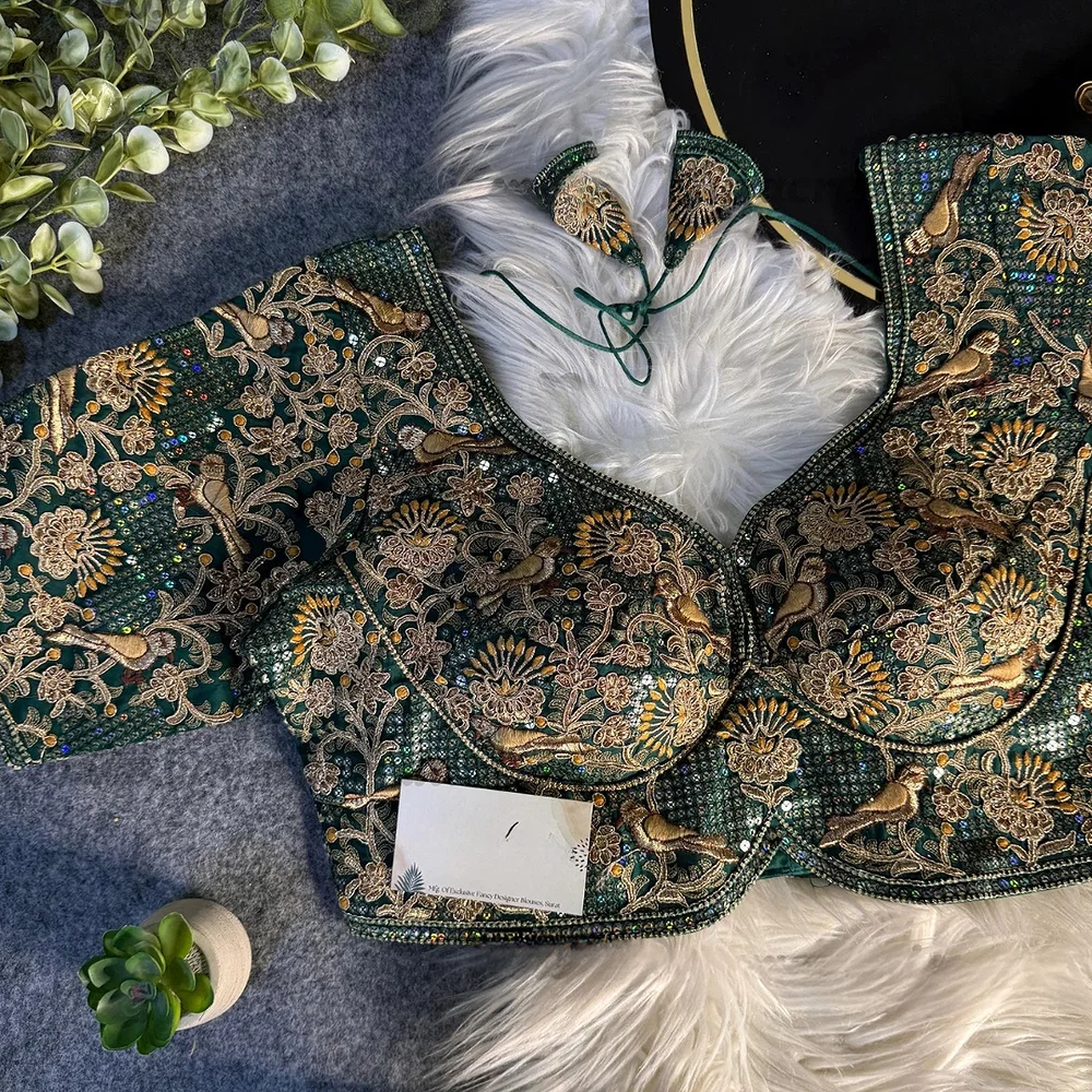 Bottle Green Italian Silk Sabyasachi-Neck Designer Blouse For Wedding — view 1