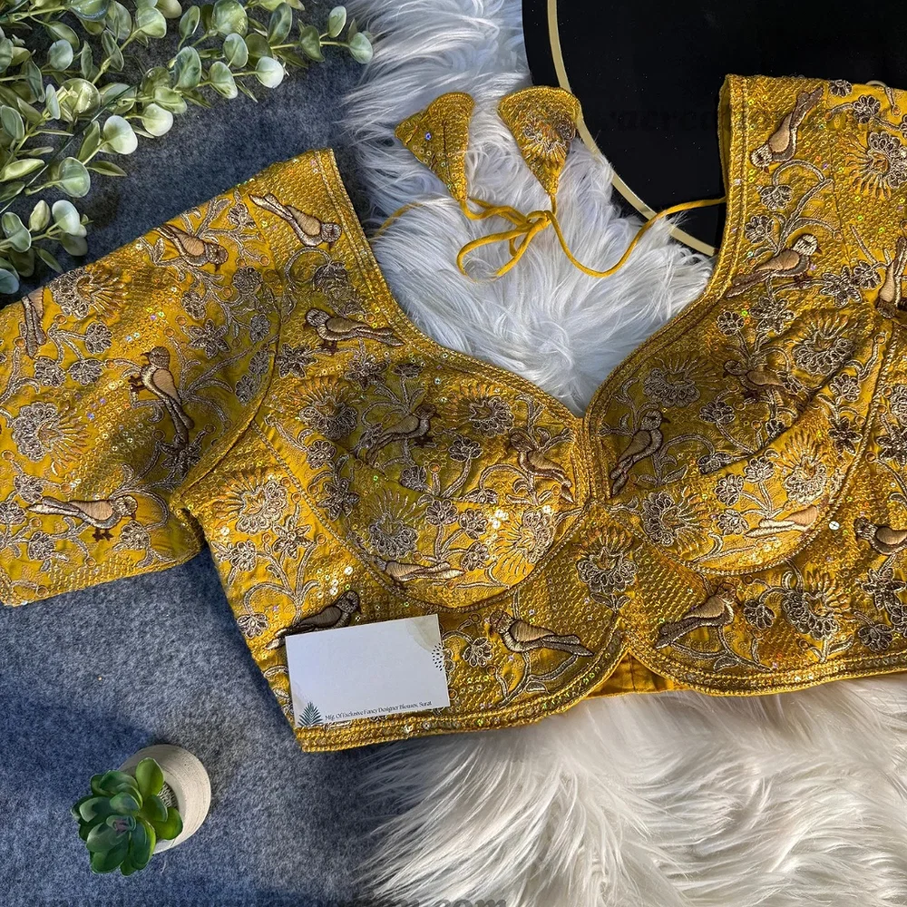 Yellow Green Italian Silk Sabyasachi-Neck Designer Blouse For Wedding — view 1