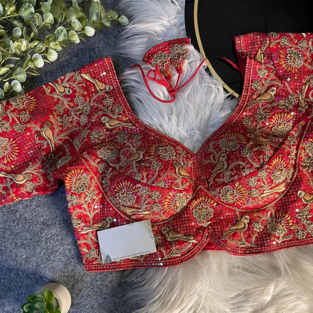 Red Green Italian Silk Sabyasachi-Neck Designer Blouse For Wedding — view 1