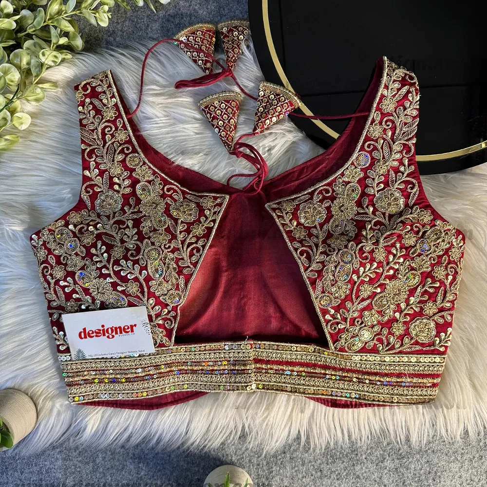 Maroon Italian Silk Heavy Coding Hand Work Sleeveless Designer Blouse — view 2