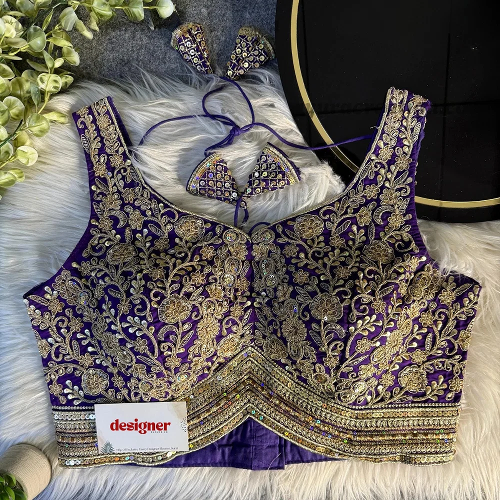 Purple Italian Silk Heavy Coding Hand Work Sleeveless Designer Blouse — view 1