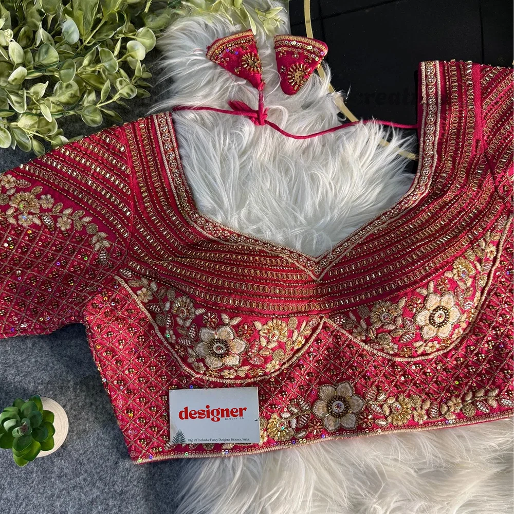 Rani Sabyasachi inspired Pink Bridal Hand Work Italian Silk Blouse  — view 1