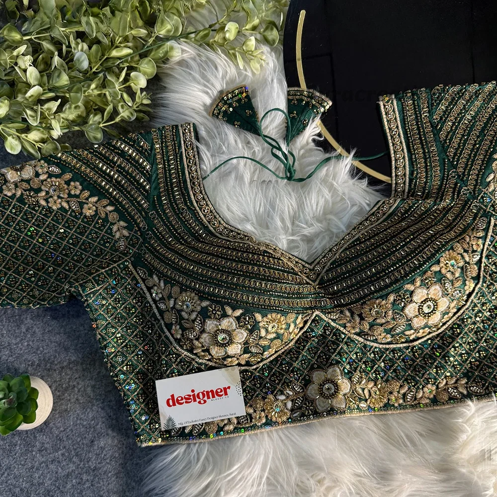 Bottle Green Sabyasachi inspired Pink Bridal Hand Work Italian Silk Blouse  — view 1