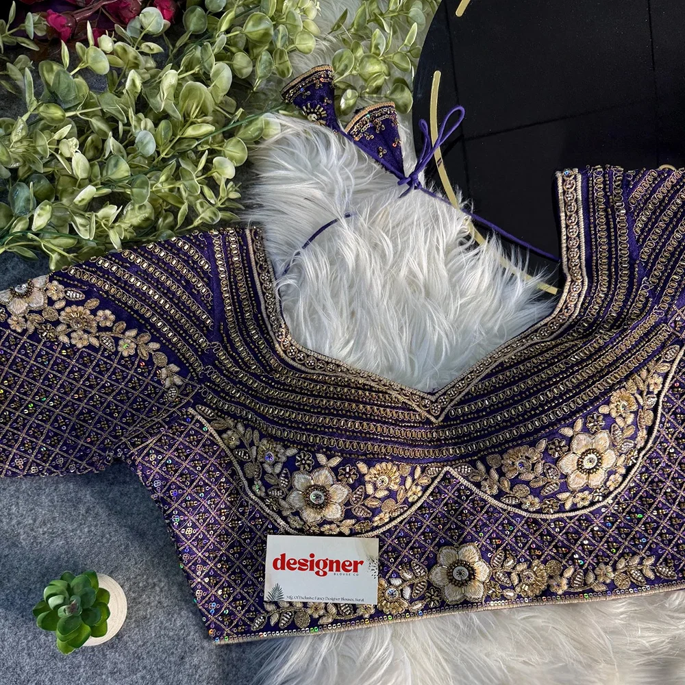 Purple Green Sabyasachi inspired Pink Bridal Hand Work Italian Silk Blouse  — view 1