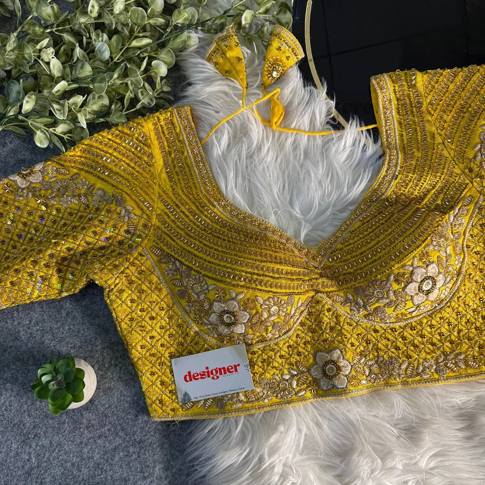 Yellow Green Sabyasachi inspired Pink Bridal Hand Work Italian Silk Blouse  — view 1