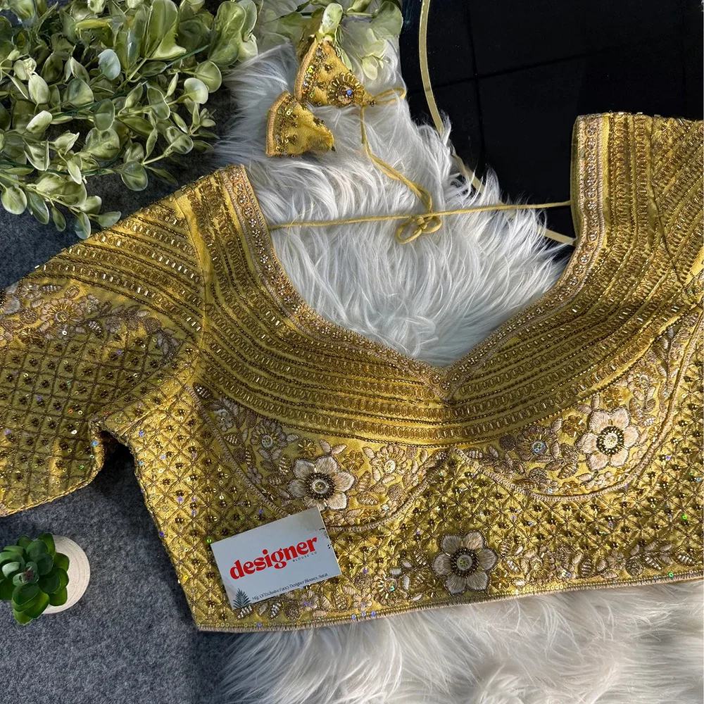 Gold Sabyasachi inspired Pink Bridal Hand Work Italian Silk Blouse  — view 1