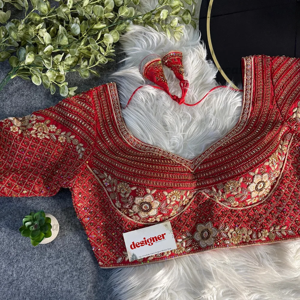 Red Sabyasachi inspired Pink Bridal Hand Work Italian Silk Blouse  — view 1