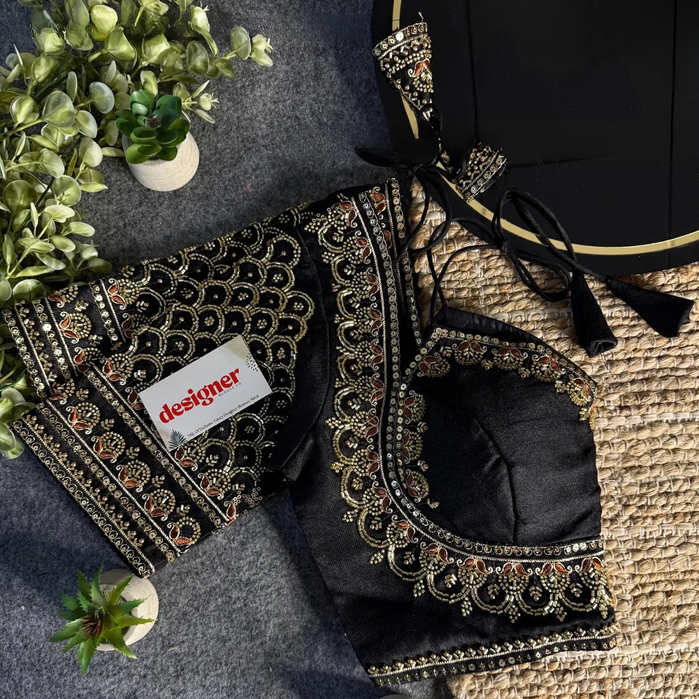 Black Beautiful Beads Work Halter Neck Embroidery Blouse in Italian Silk — view 1