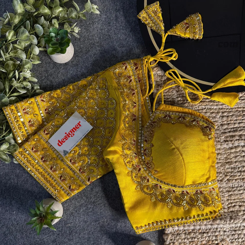 Yellow Beautiful Beads Work Halter Neck Embroidery Blouse in Italian Silk — view 1