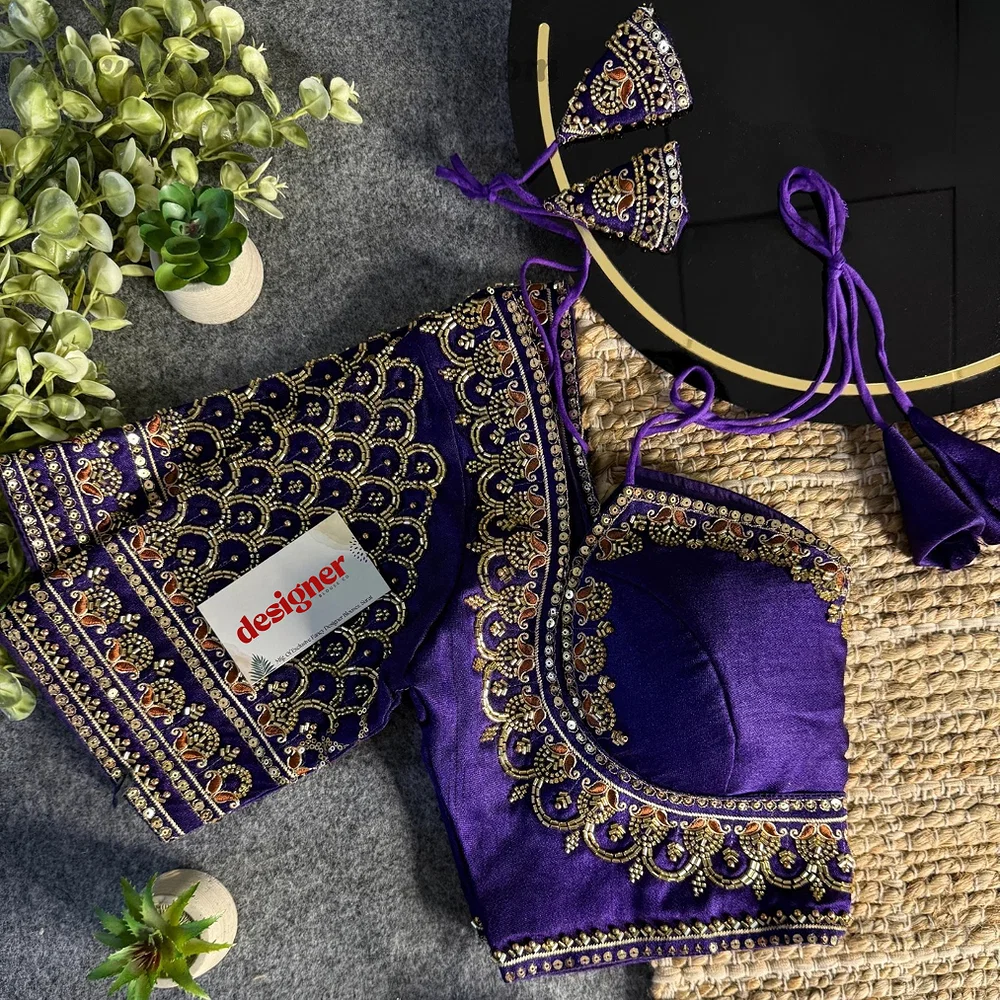 Purple Beautiful Beads Work Halter Neck Embroidery Blouse in Italian Silk — view 1