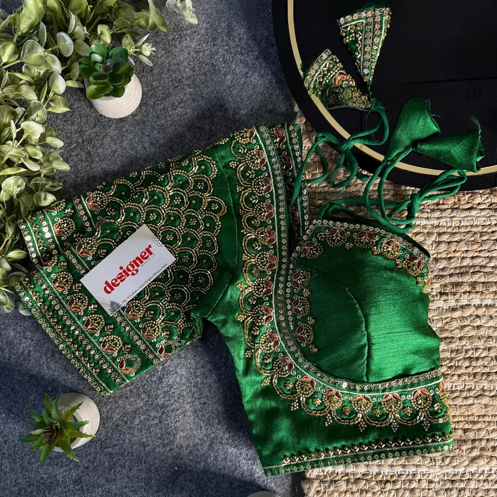Green Beautiful Beads Work Halter Neck Embroidery Blouse in Italian Silk — view 1