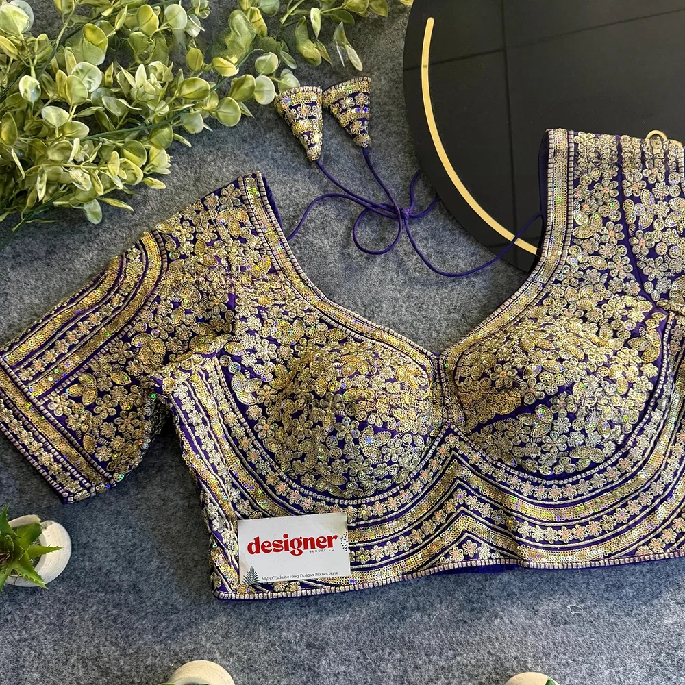 Purple Italian Silk Heavy Coding & Sequin Work Sabyasachi Neck Blouse — view 1