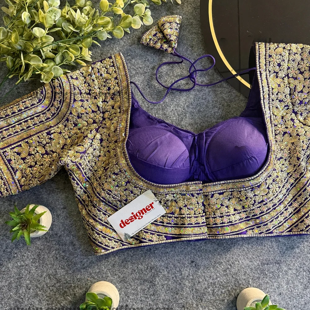Purple Italian Silk Heavy Coding & Sequin Work Sabyasachi Neck Blouse — view 2