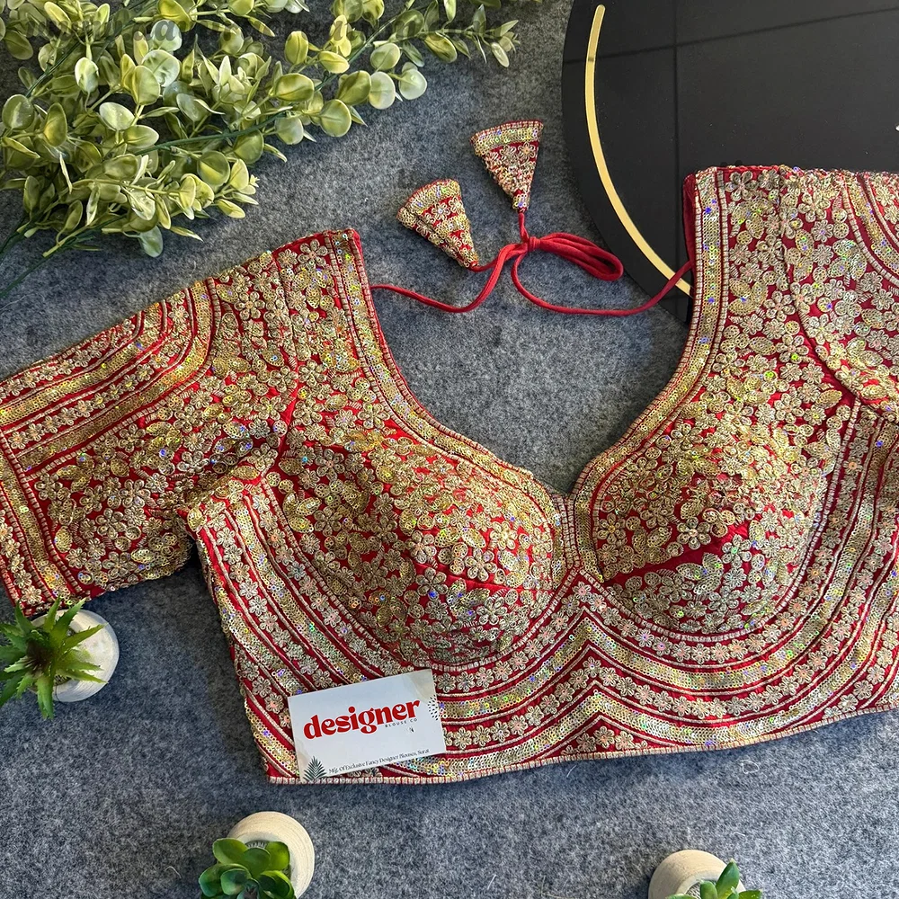 Red Italian Silk Heavy Coding & Sequin Work Sabyasachi Neck Blouse — view 1