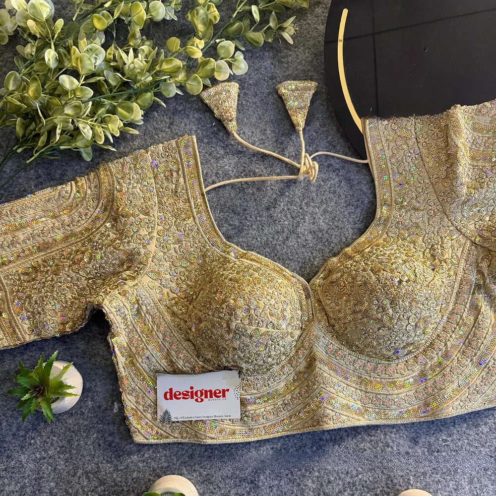 Gold Italian Silk Heavy Coding & Sequin Work Sabyasachi Neck Blouse — view 1