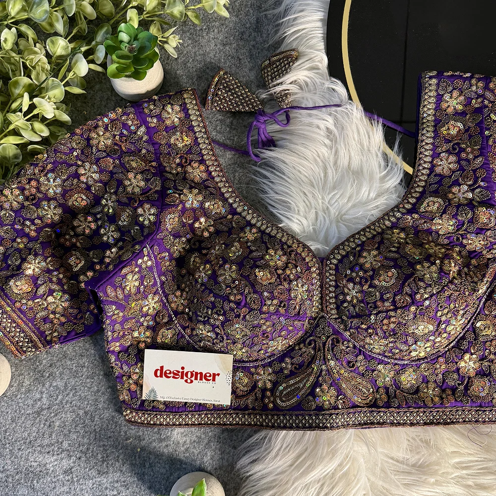 Purple Italian Silk Sequin Work & Heavy Coding Sabyasachi Neck Blouse — view 1