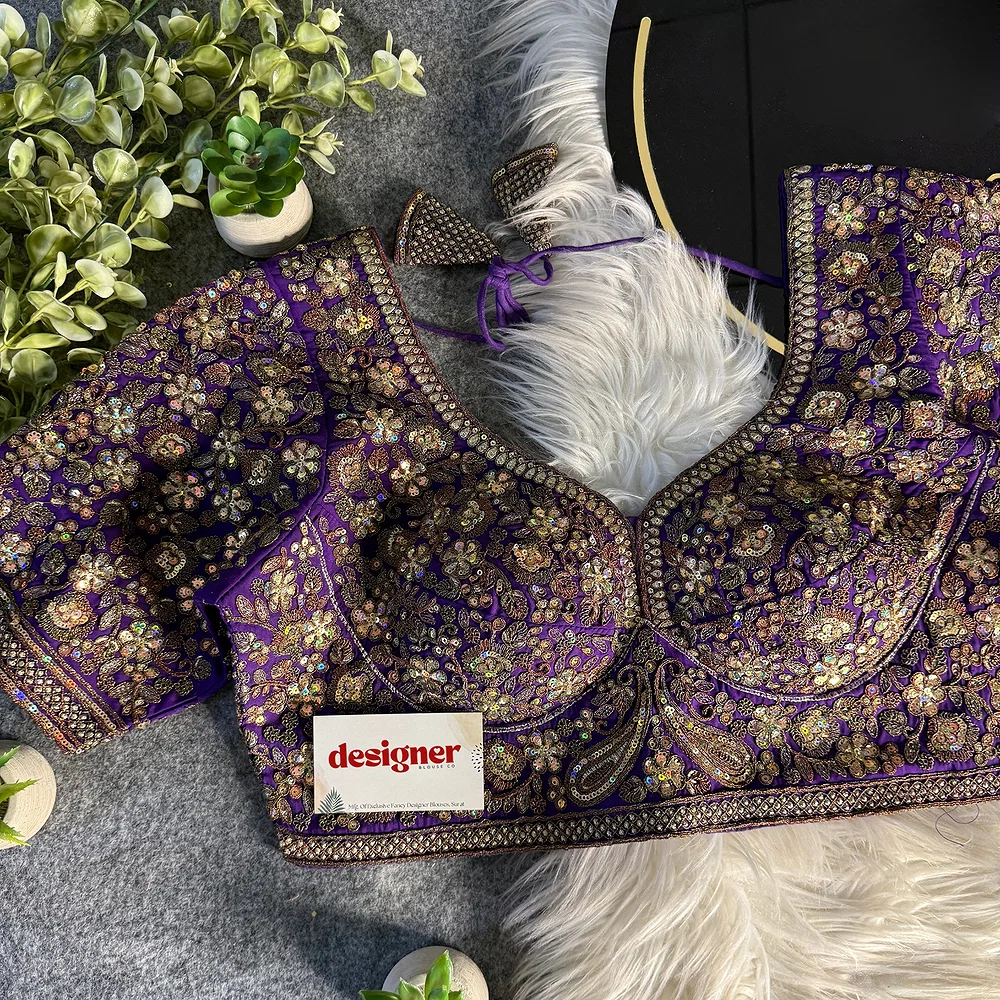 Purple Italian Silk Sequin Work & Heavy Coding Sabyasachi Neck Blouse — view 2
