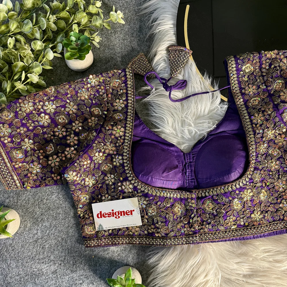 Purple Italian Silk Sequin Work & Heavy Coding Sabyasachi Neck Blouse — view 3