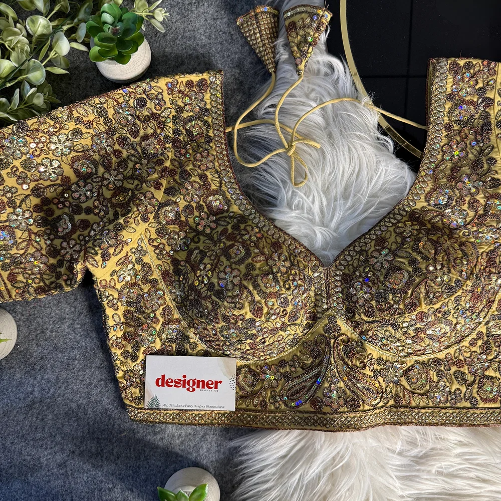 Gold Italian Silk Sequin Work & Heavy Coding Sabyasachi Neck Blouse — view 1