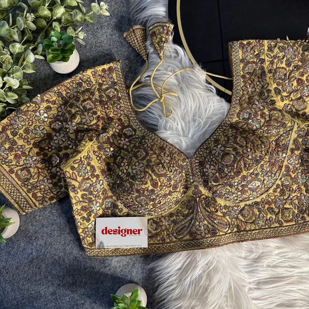 Gold Italian Silk Sequin Work & Heavy Coding Sabyasachi Neck Blouse — view 2