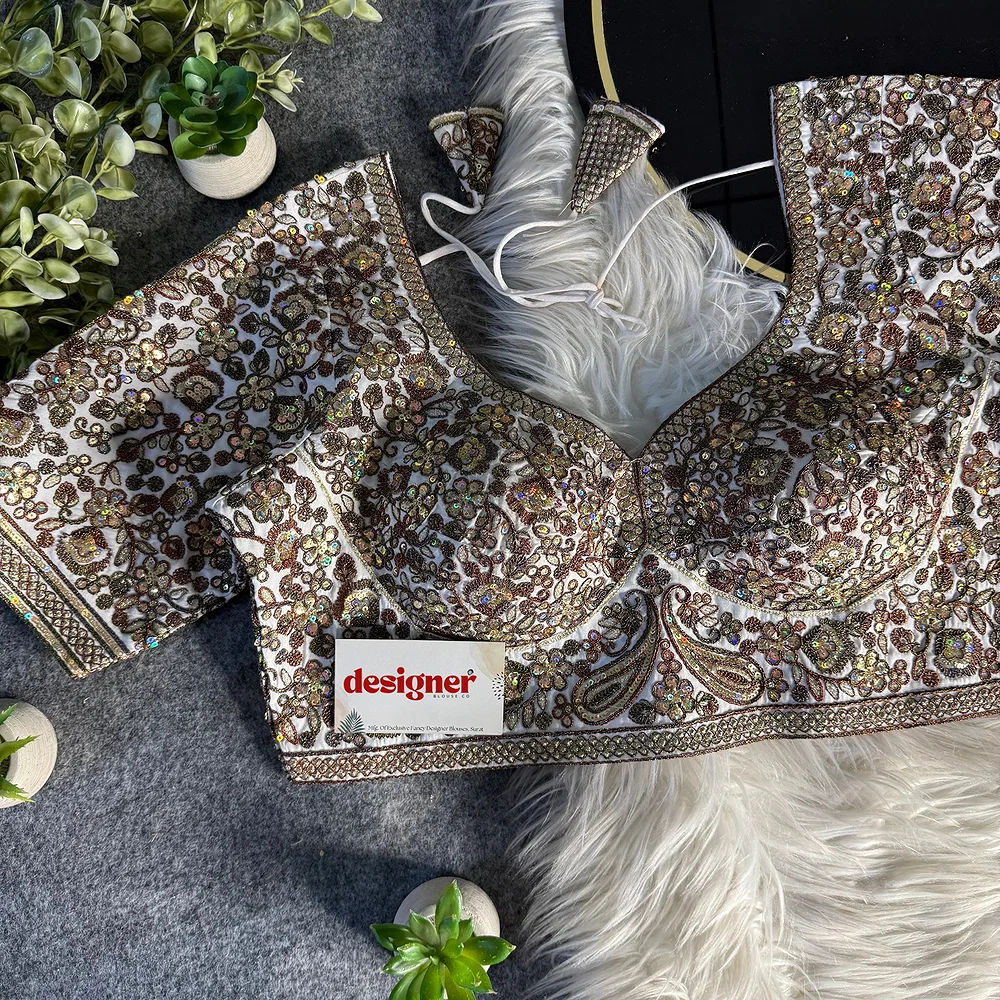 White Italian Silk Sequin Work & Heavy Coding Sabyasachi Neck Blouse — view 1