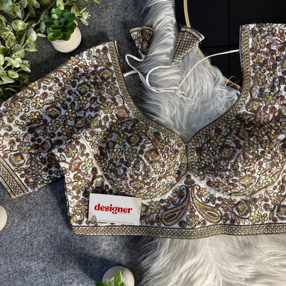 White Italian Silk Sequin Work & Heavy Coding Sabyasachi Neck Blouse — view 2