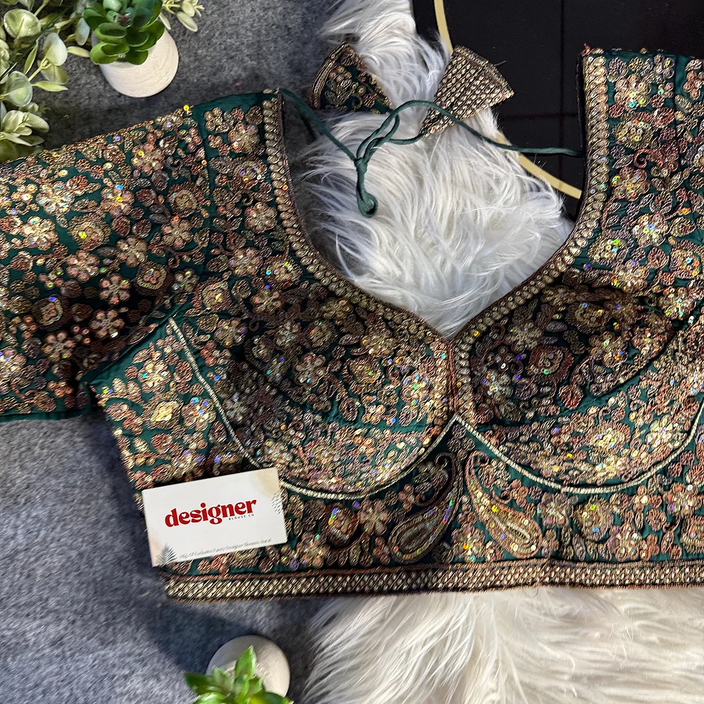 Bottle Green Italian Silk Sequin Work & Heavy Coding Sabyasachi Neck Blouse — view 1
