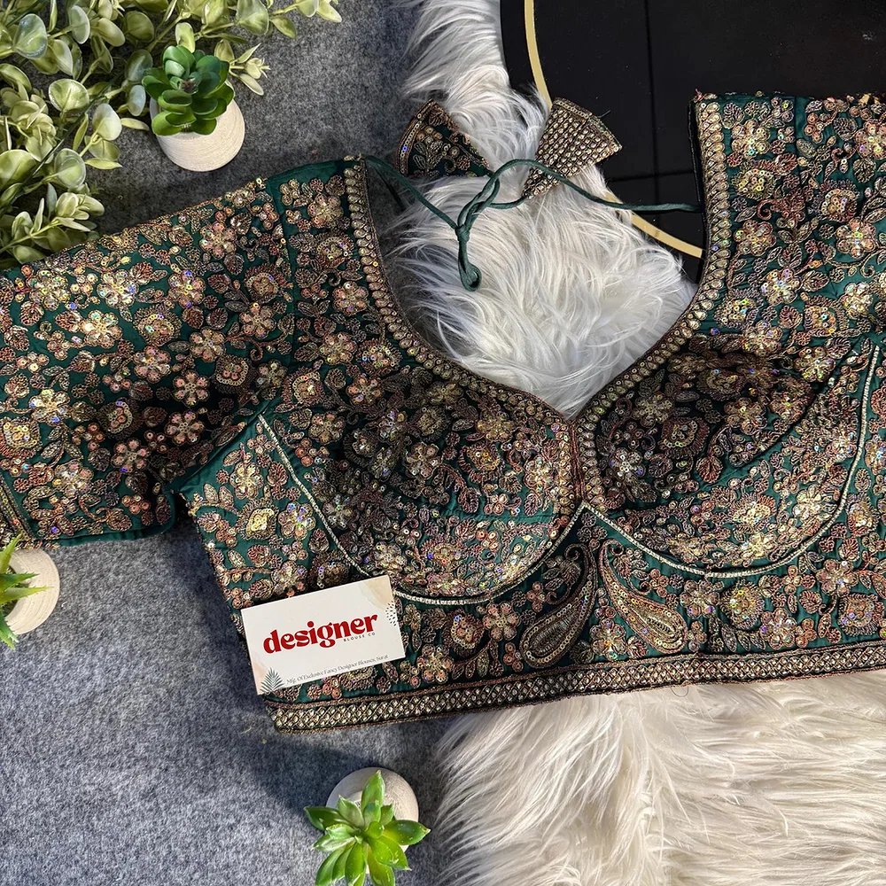Bottle Green Italian Silk Sequin Work & Heavy Coding Sabyasachi Neck Blouse — view 2