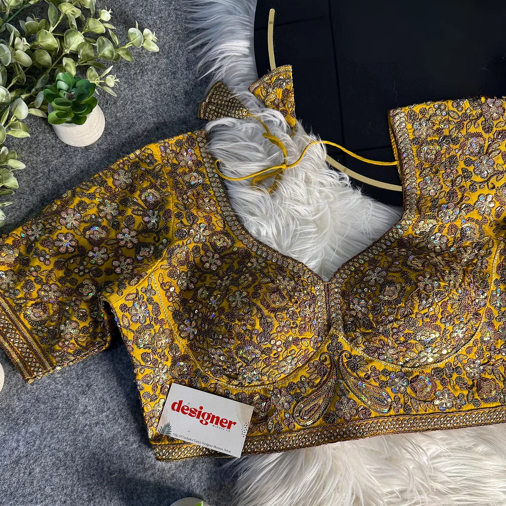 Mustard Italian Silk Sequin Work & Heavy Coding Sabyasachi Neck Blouse — view 1