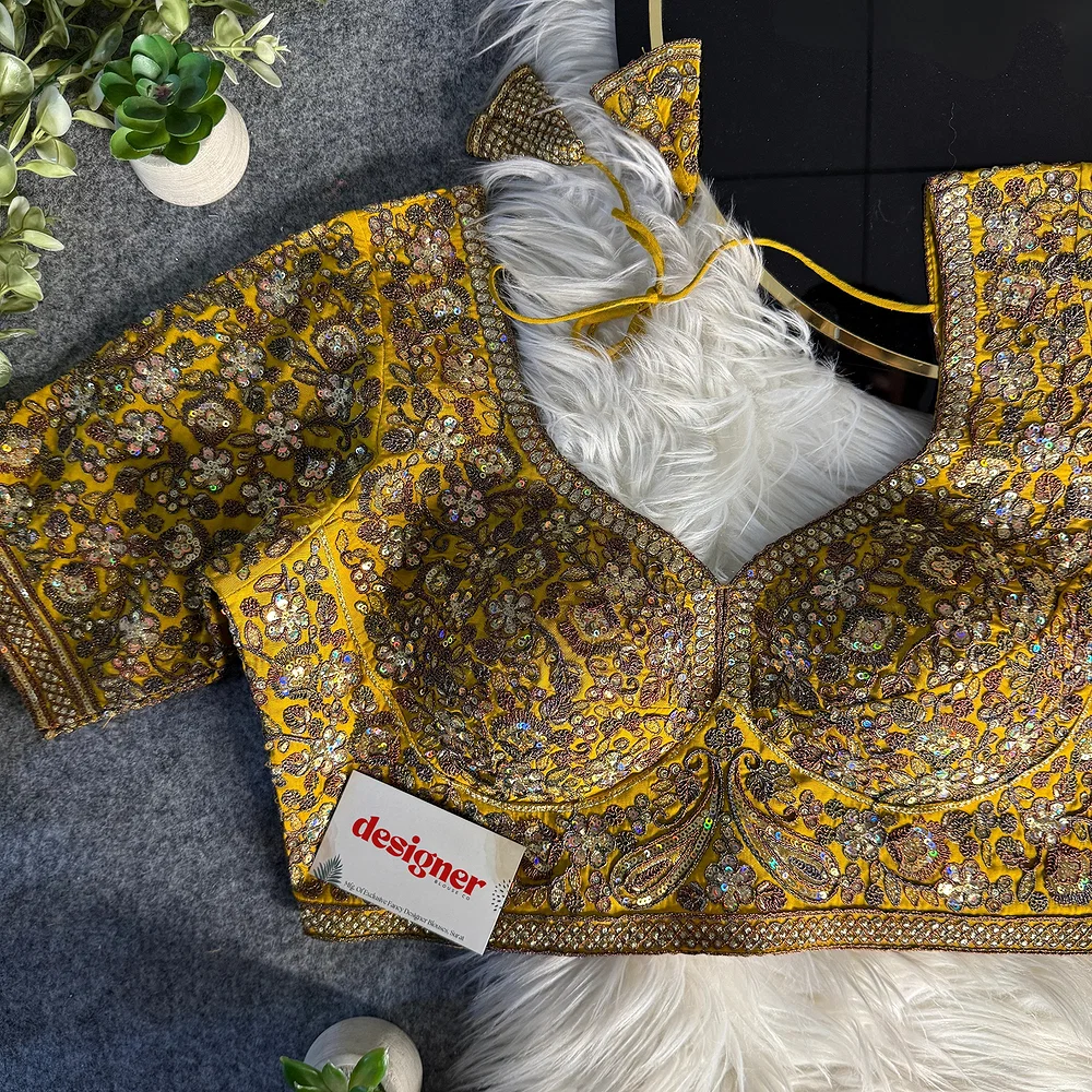 Mustard Italian Silk Sequin Work & Heavy Coding Sabyasachi Neck Blouse — view 2