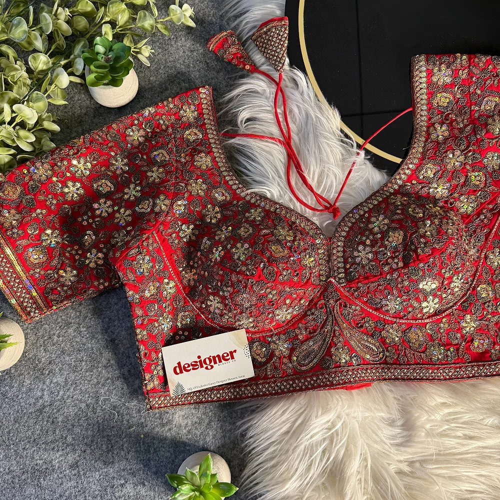 Red Italian Silk Sequin Work & Heavy Coding Sabyasachi Neck Blouse — view 1