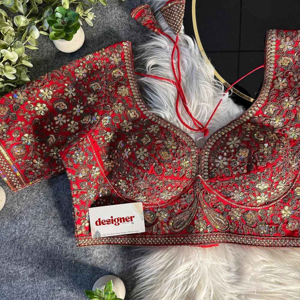 Red Italian Silk Sequin Work & Heavy Coding Sabyasachi Neck Blouse — view 2