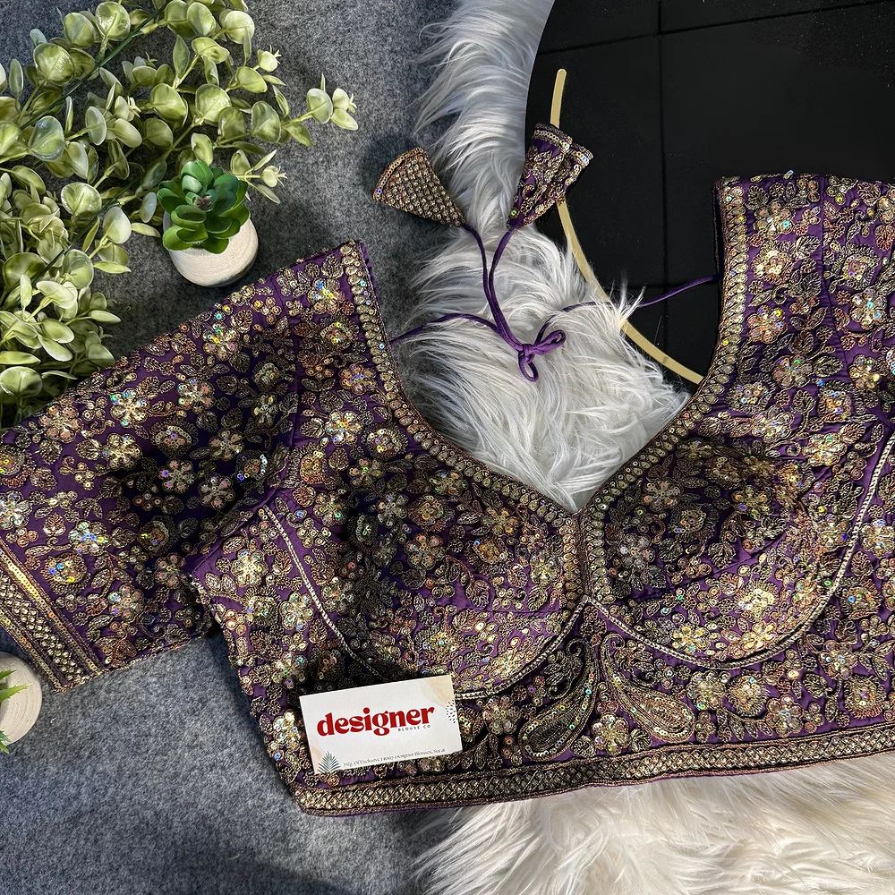 Wine Italian Silk Sequin Work & Heavy Coding Sabyasachi Neck Blouse — view 1