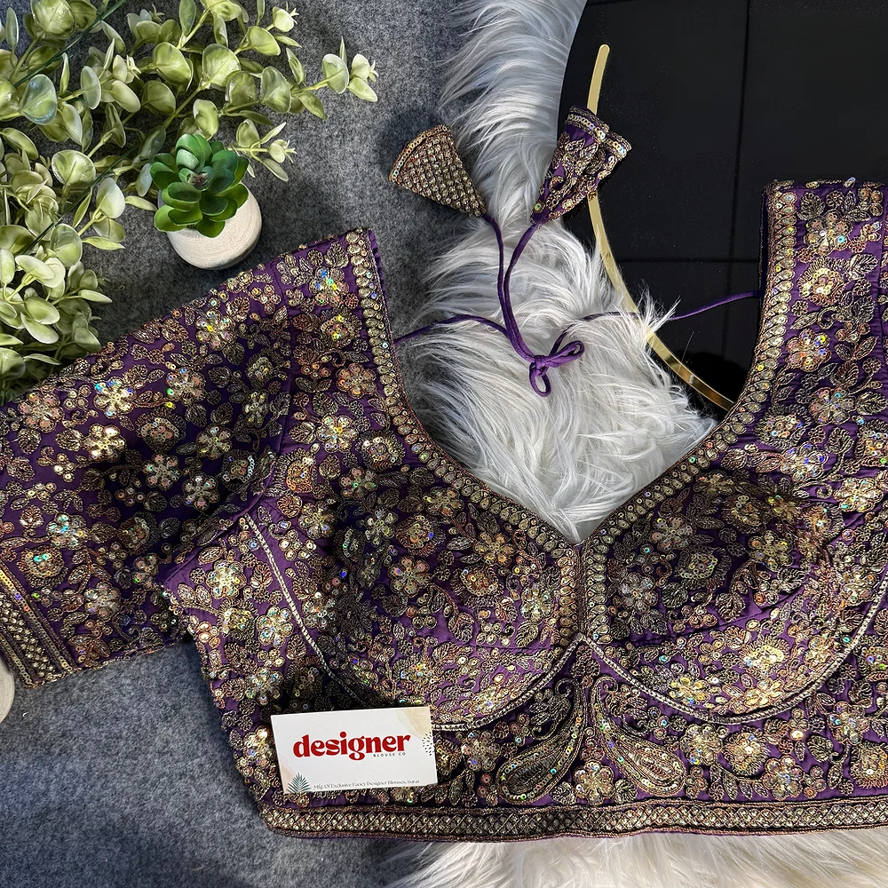 Wine Italian Silk Sequin Work & Heavy Coding Sabyasachi Neck Blouse — view 2