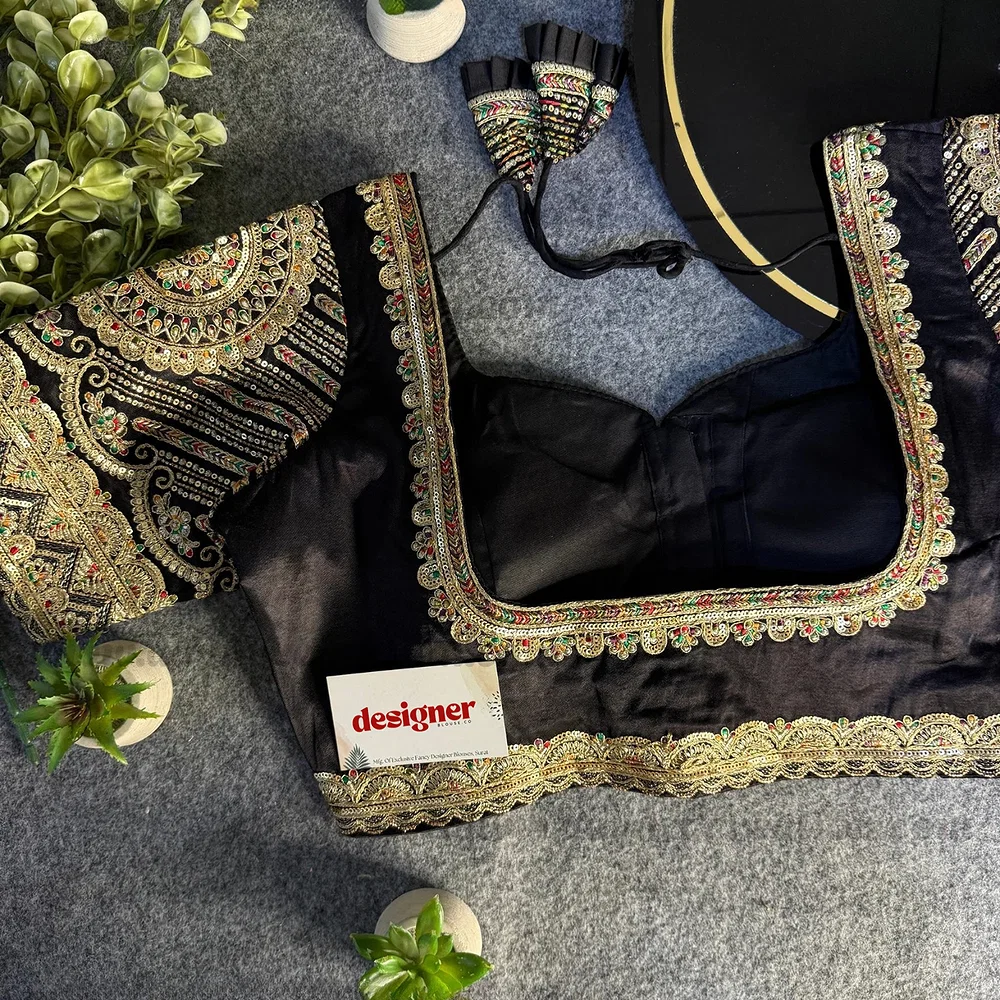 Black Front Open Embroidery Work Gajji Silk Designer Blouse — view 2